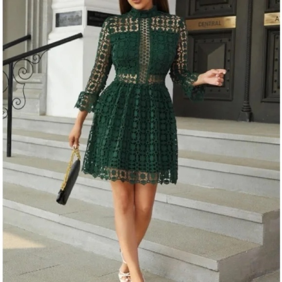 Classic Lace Frill Neck Long Sleeve Party Dress - Picture 13 of 13